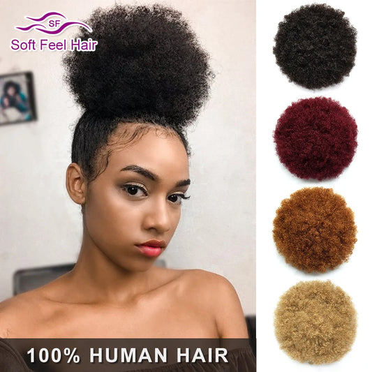 Afro Human Hair Bun Kinky Curly  Ponytail Clip In Hair Extensions