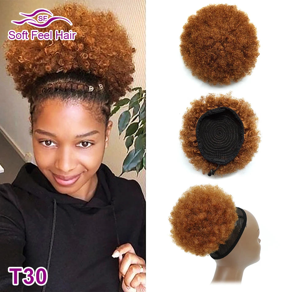 Afro Human Hair Bun Kinky Curly  Ponytail Clip In Hair Extensions