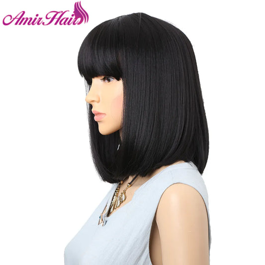 Straight Black Synthetic Wigs With Bangs