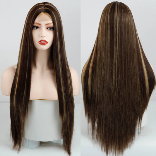 Synthetic Brown Mixed Blonde Long Straight Middle Part Wig