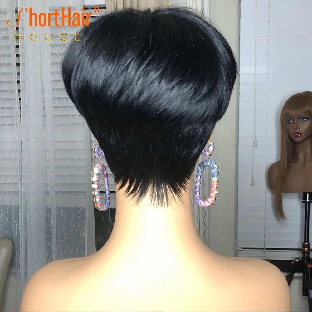 Pixie Short Cut Bob Wig with Bangs Brazilian Straight 100% Human Hair