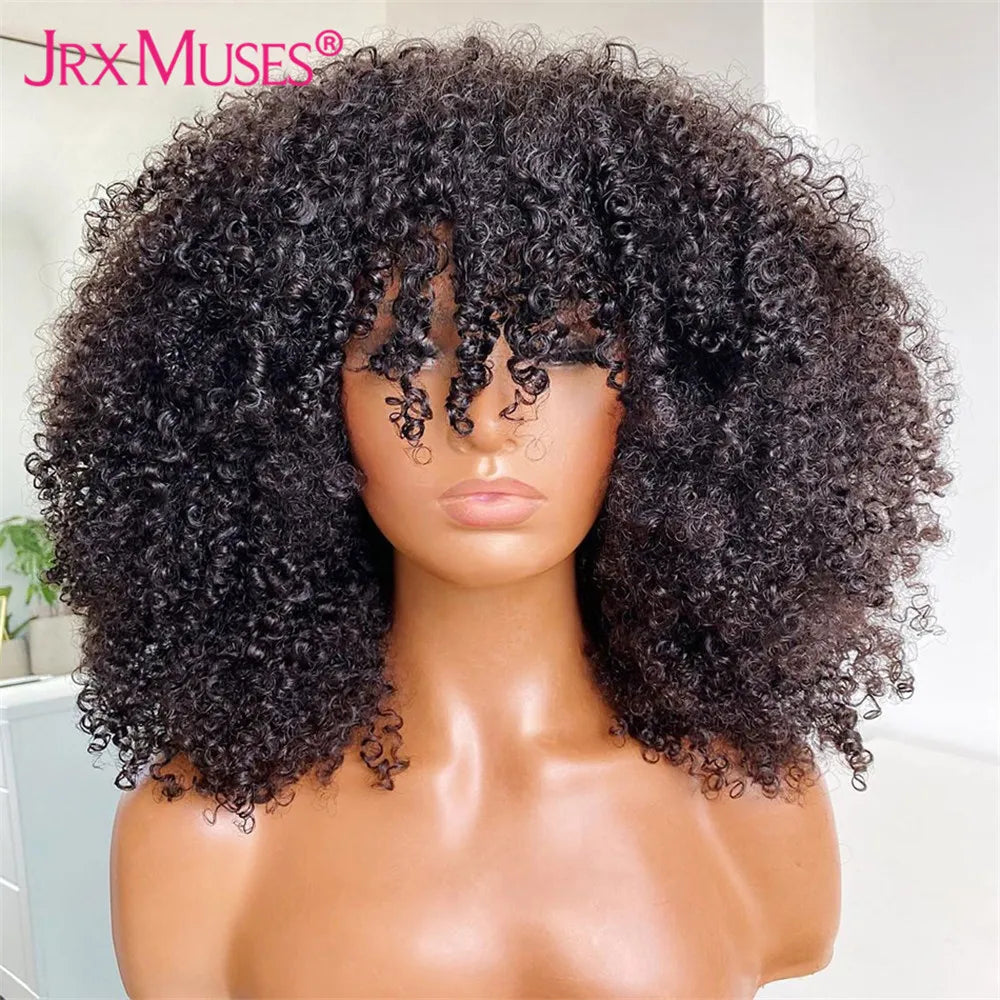 200 Density Curly Human Hair Wig With Bangs