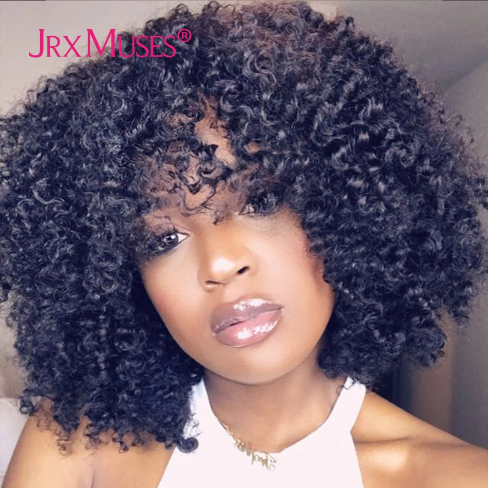 200 Density Curly Human Hair Wig With Bangs