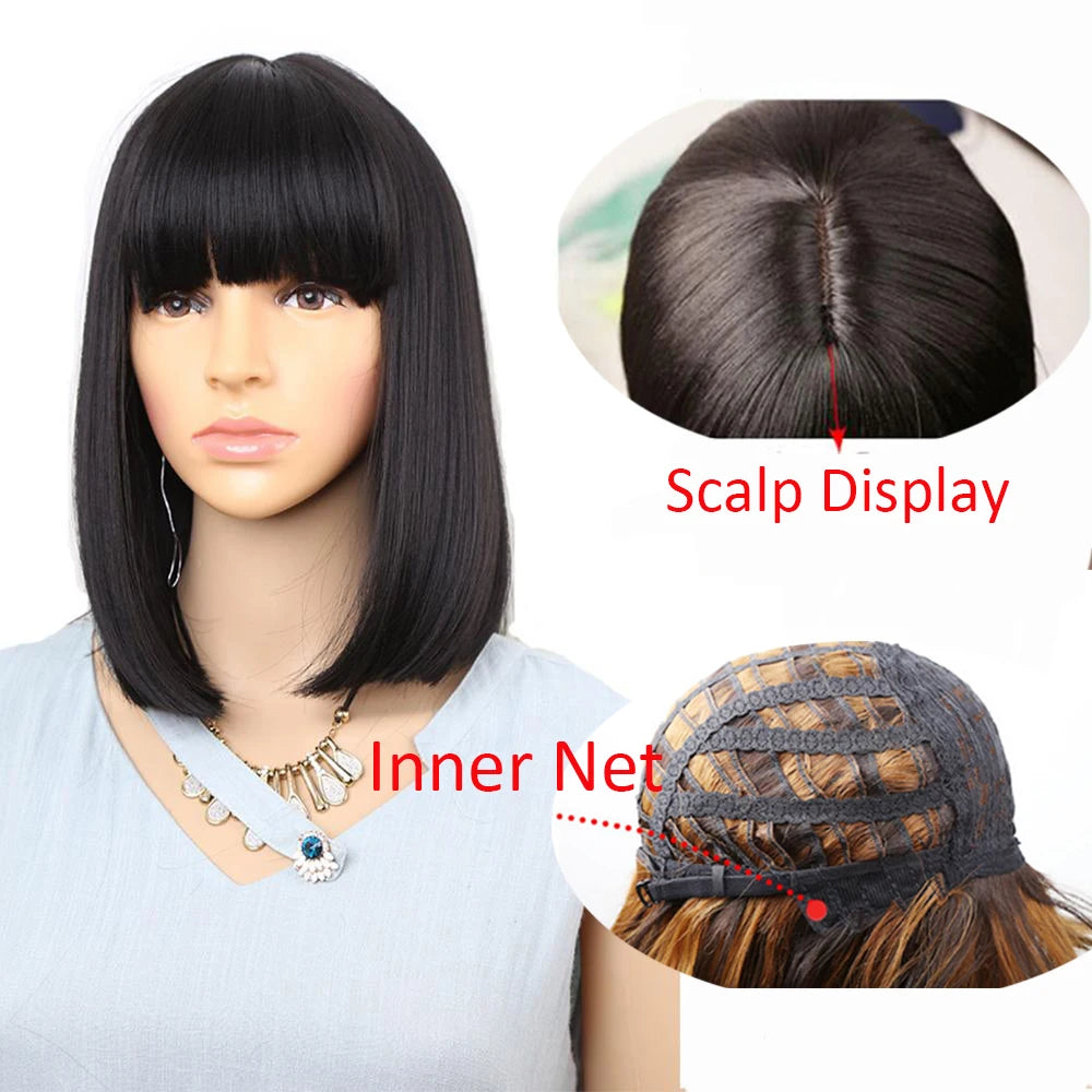 Straight Black Synthetic Wigs With Bangs
