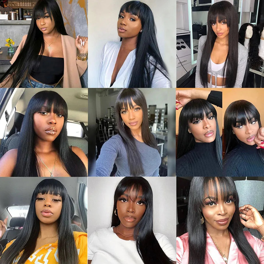 Glueless 100% Human Hair Wig Long Straight Hair With Bang Brazilian 8"-40"