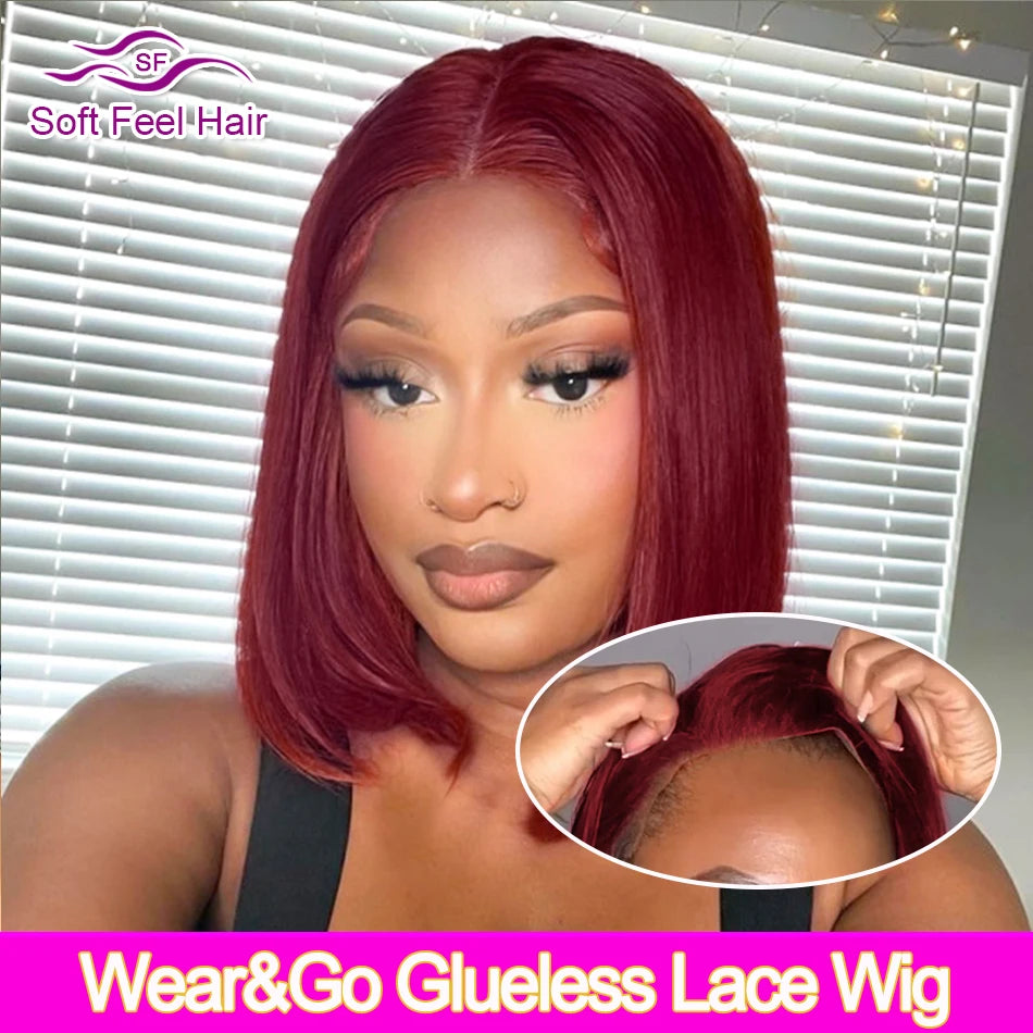 99J Burgundy Short Bob Wig Glueless Human Hair Pre Cut HD Lace Closure