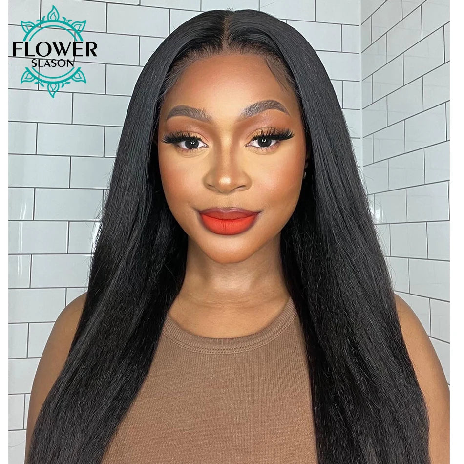 Light Yaki Human Hair Wig Straight  PrePlucked Italian HD Lace Frontal Wig