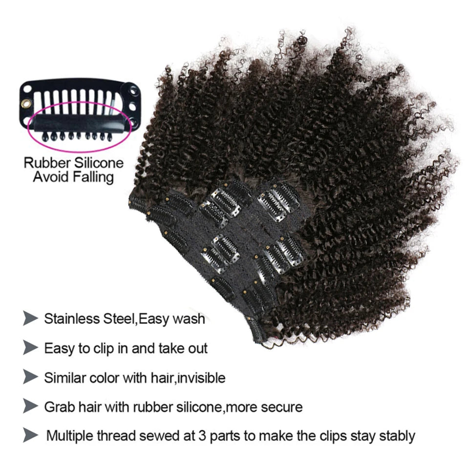 Afro Kinky Curly Clip Ins Hair Extension Human Hair Mongolian Full Head