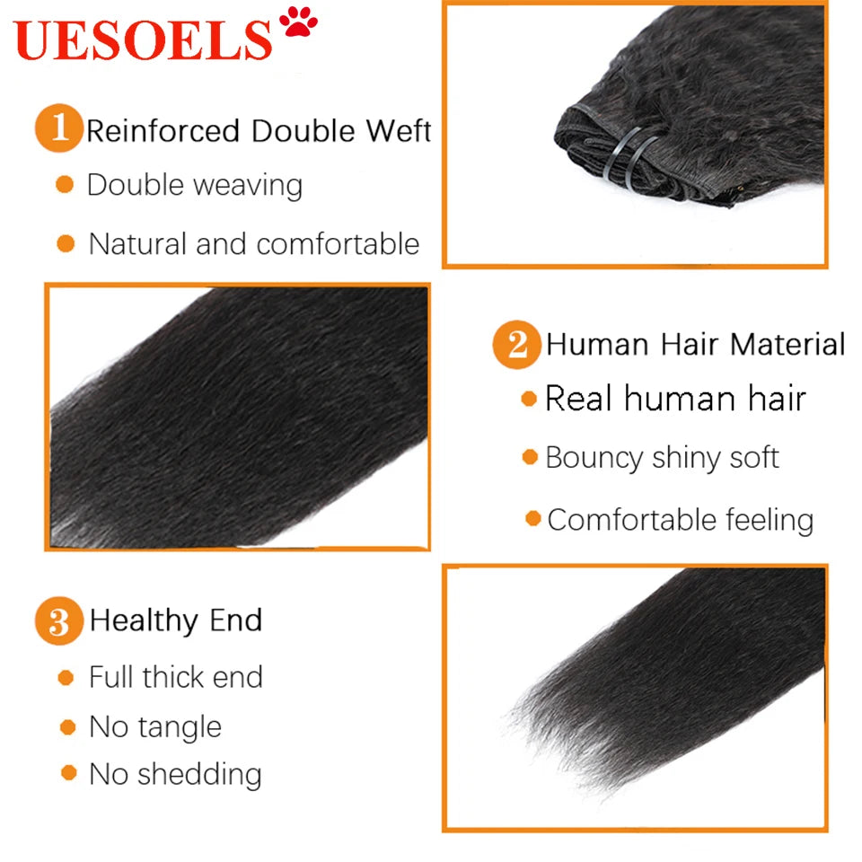 Kinky Straight Clips In Human Hair Extensions Natural Color In Brazilian 100% Remy 8pcs
