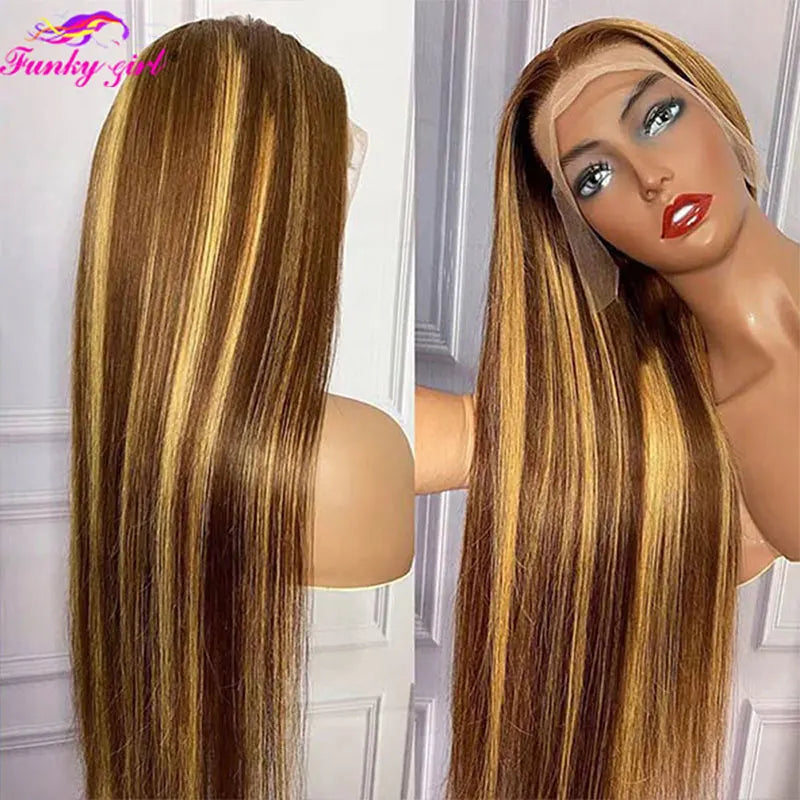 Highlight Brown Straight Lace Front Wig Human Hair Pre Plucked Honey Blonde Colored