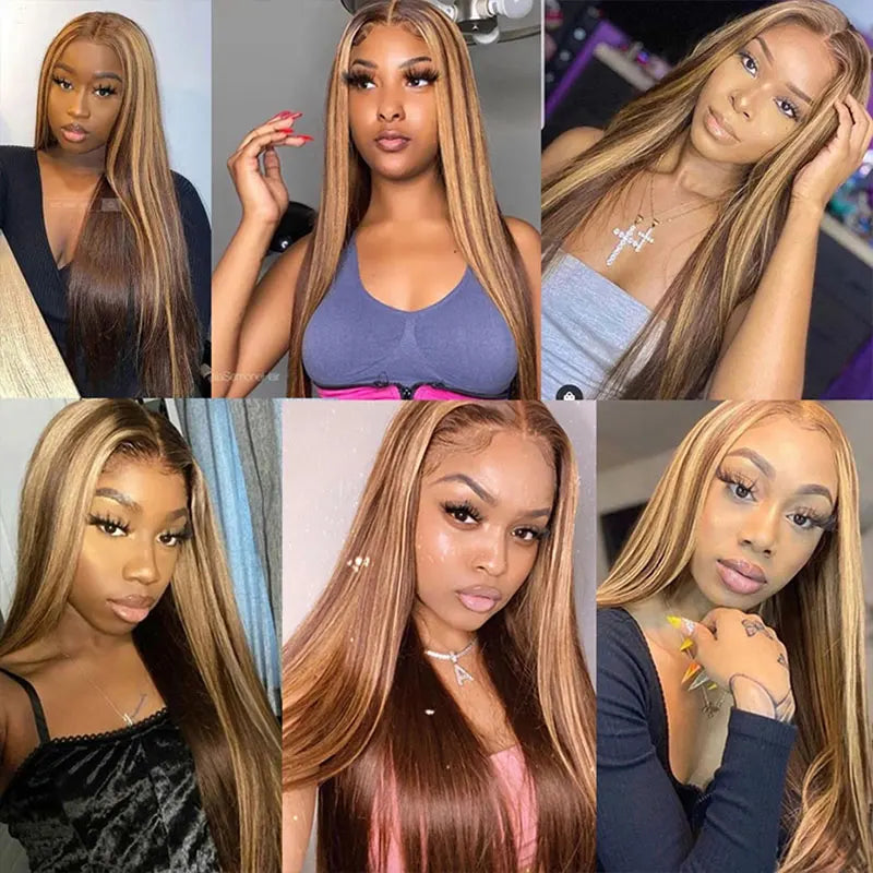 Highlight Brown Straight Lace Front Wig Human Hair Pre Plucked Honey Blonde Colored