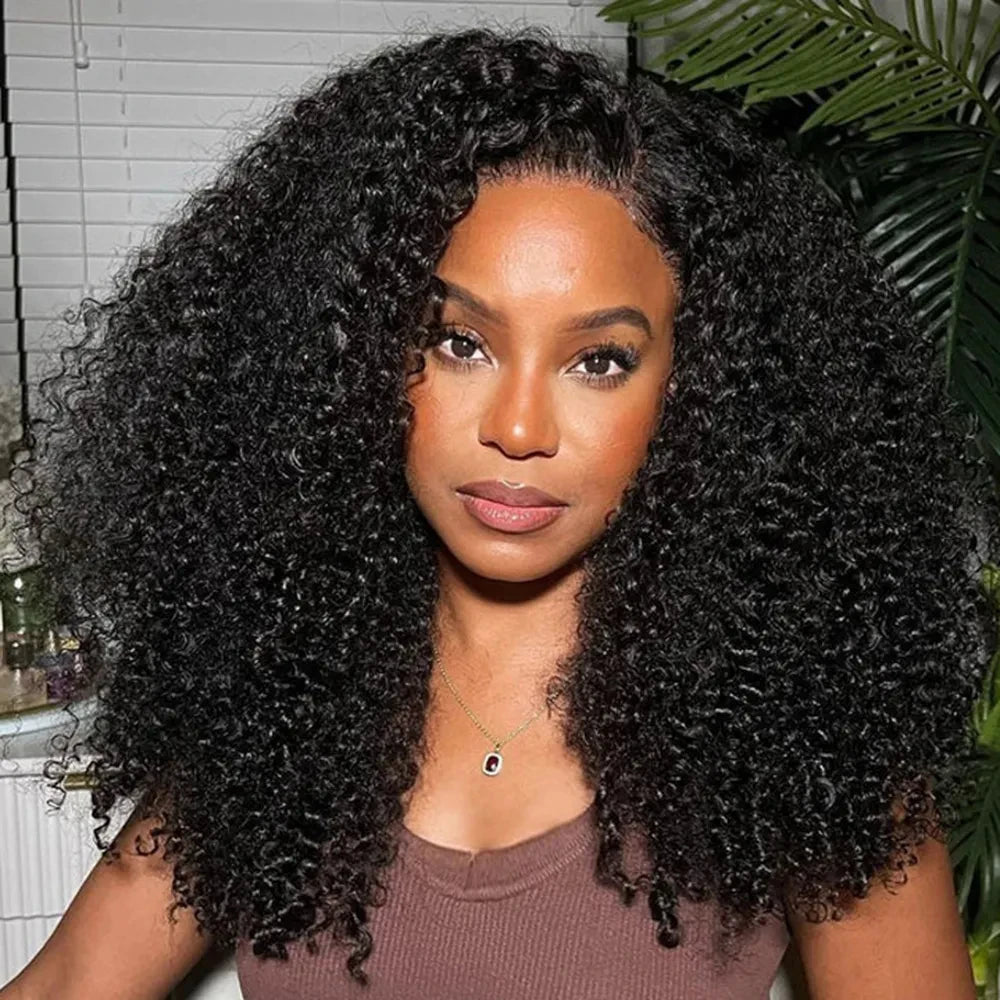 300% Density Kinky Curly Human Hair Wig Raw Indian Hair  Transparent Lace Frontal Wig