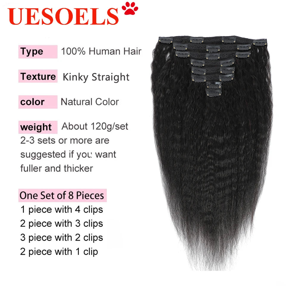Kinky Straight Clips In Human Hair Extensions Natural Color In Brazilian 100% Remy 8pcs