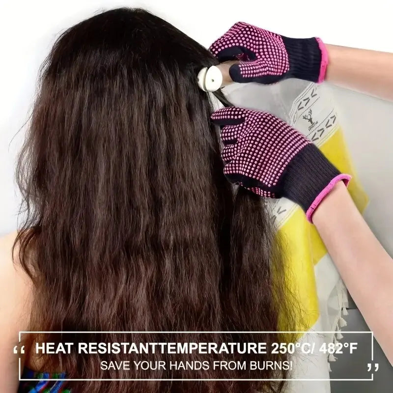 Close-up of heat-resistant glove gripping a hair tool, highlighting the non-slip silicone design for safe and secure styling.