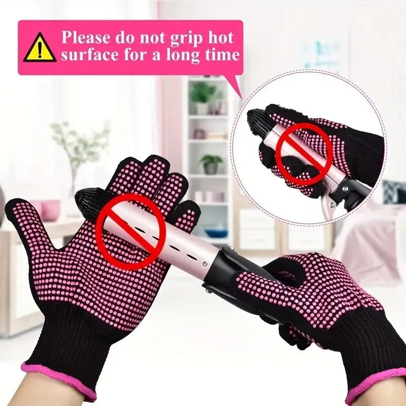 Product instructions for heat-resistant gloves, demonstrating proper use and safety precautions for thermal styling.