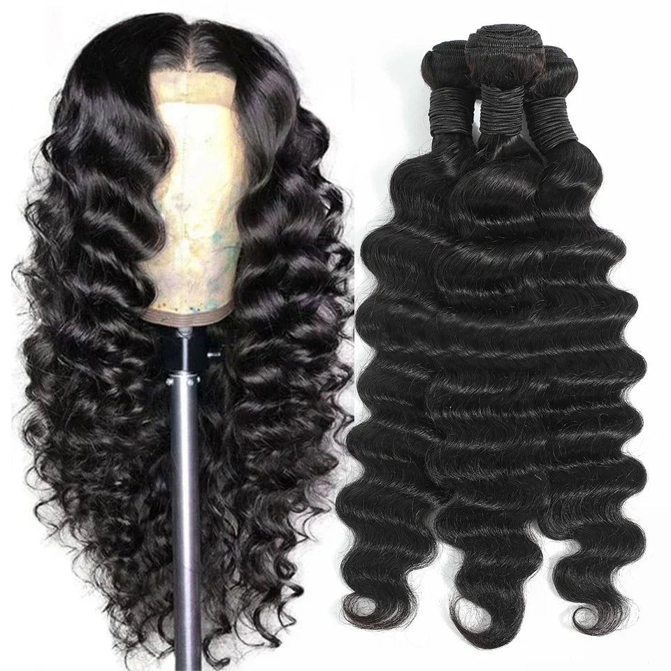 Collage showing loose deep wave Peruvian human hair bundles, highlighting curl patterns, weft construction, and styling versatility.