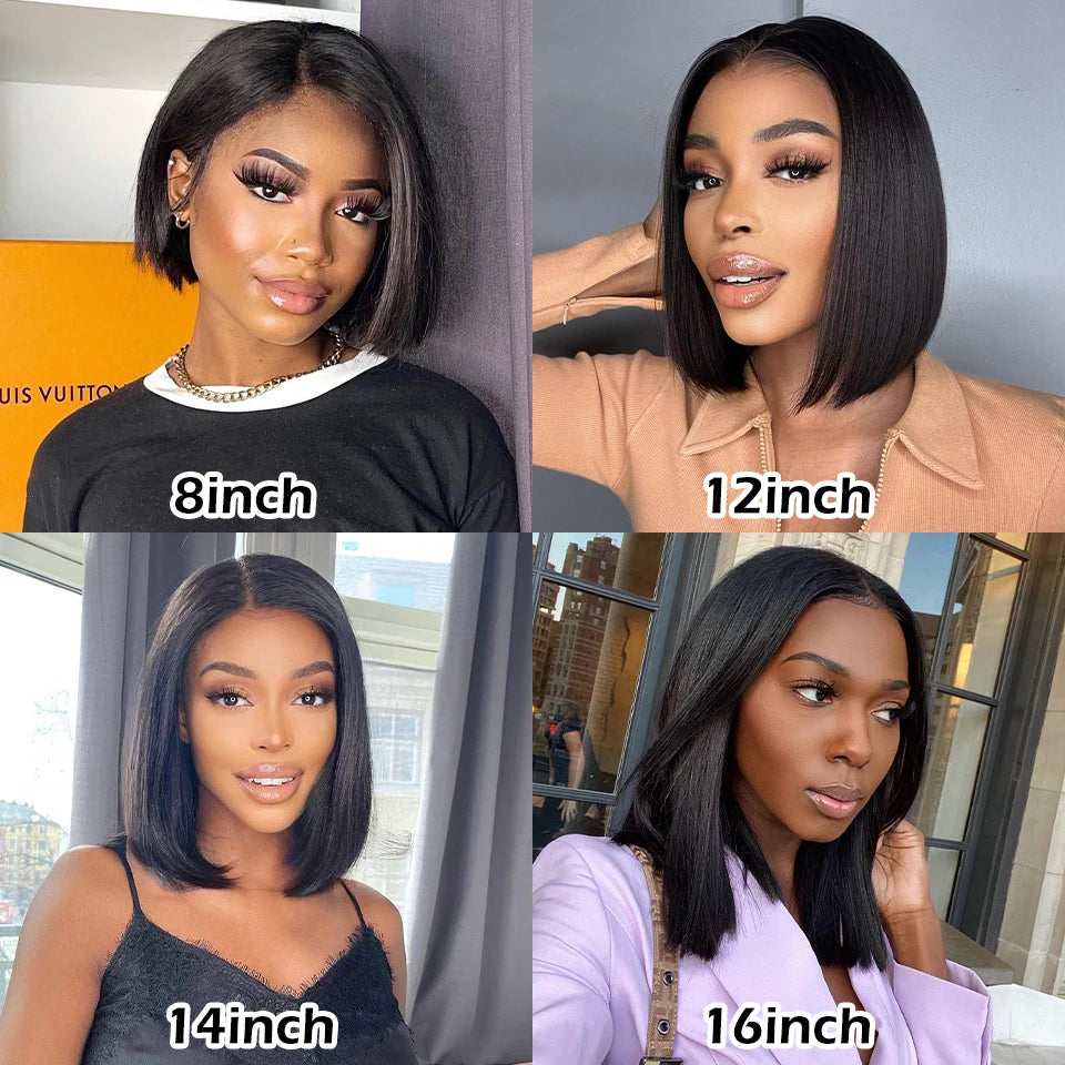 Indian Hair Straight Short Bob Lace Front Human Hair Wig 13x4 Transparent Lace Pre Plucked Free Part