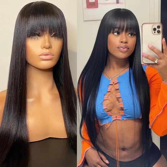Glueless 100% Human Hair Wig Long Straight Hair With Bang Brazilian 8"-40"