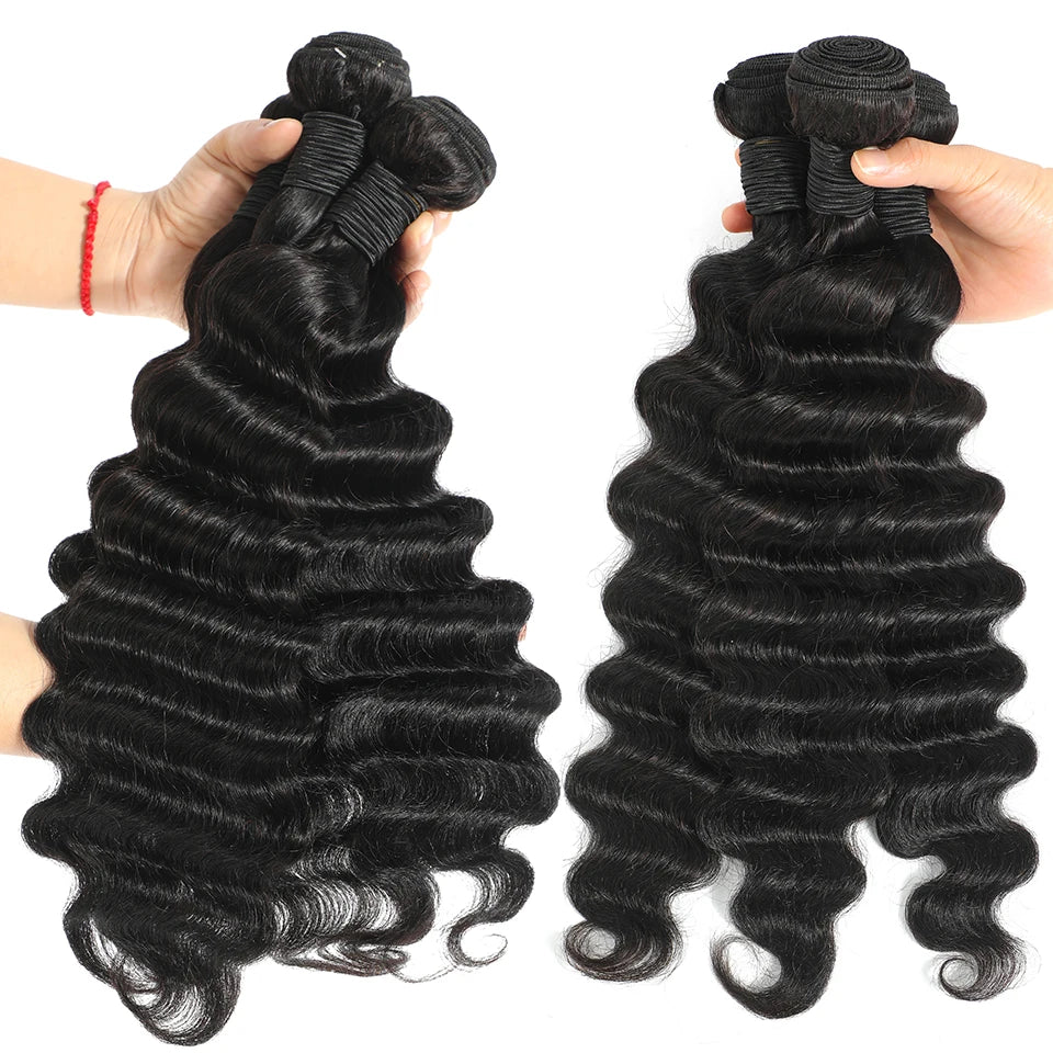 Close-up of a single loose deep wave Peruvian human hair bundle with a natural curl pattern and machine double weft for durability.