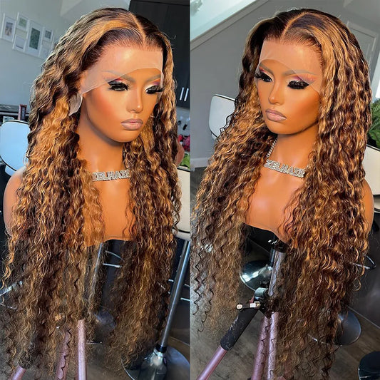 HD Lace Highlight Wig Human Hair Curly Colored Honey Blonde 360 Frontal Water Wave