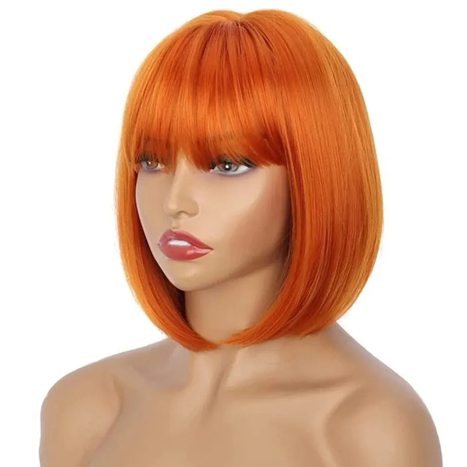 180 Density Glueless Orange Ginger Bob Wig With Bangs Human Hair