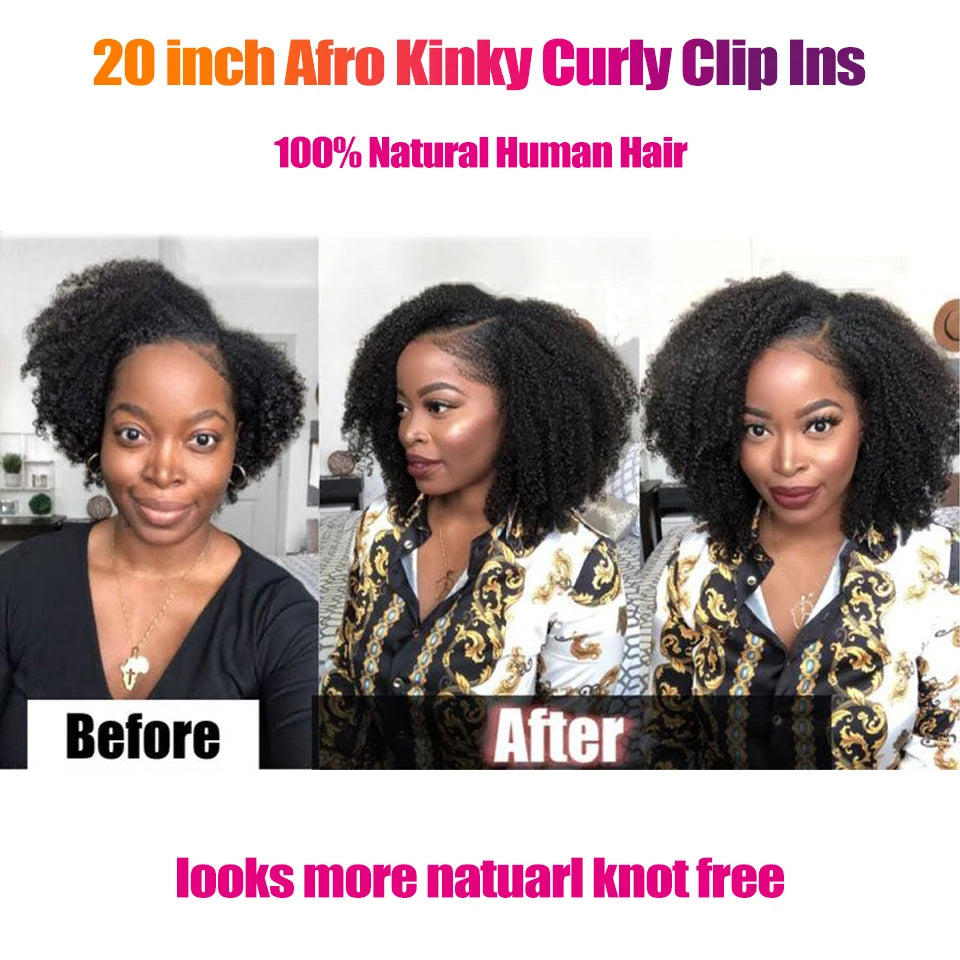 Afro Kinky Curly Clip Ins Hair Extension Human Hair Mongolian Full Head