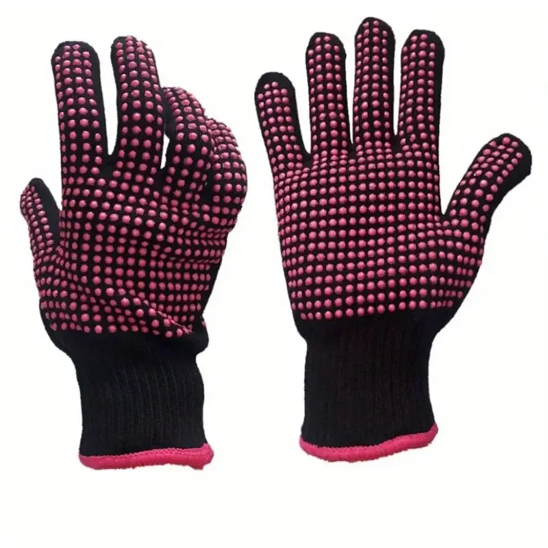 Pair of heat-resistant gloves with silicone bumps, designed for secure grip, professional styling, and protection against burns.