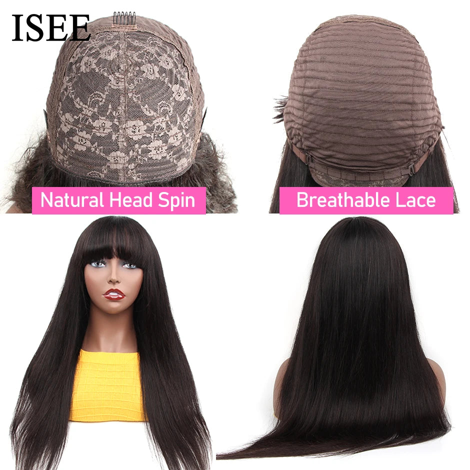 Malaysian Human Hair Straight Wig Bang Natural Color Glueless