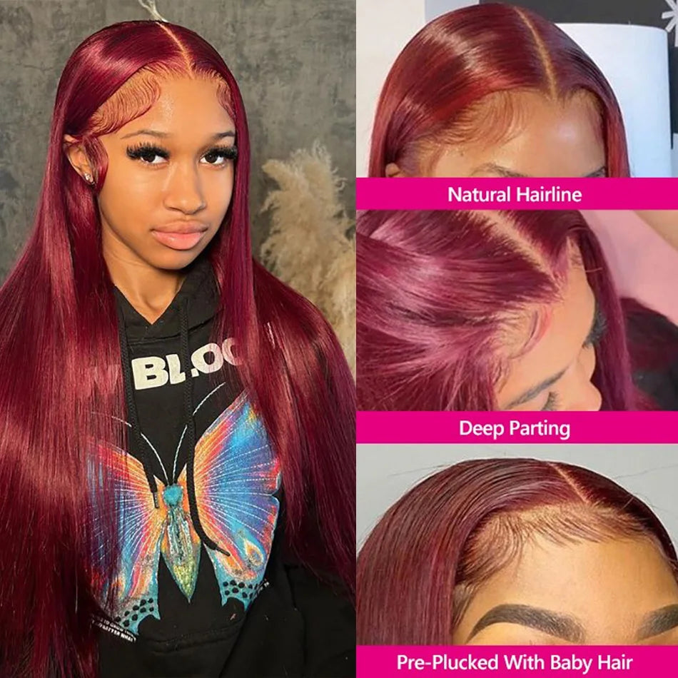 Peruvian Straight Human Hair 99J Burgundy Pre-Plucked