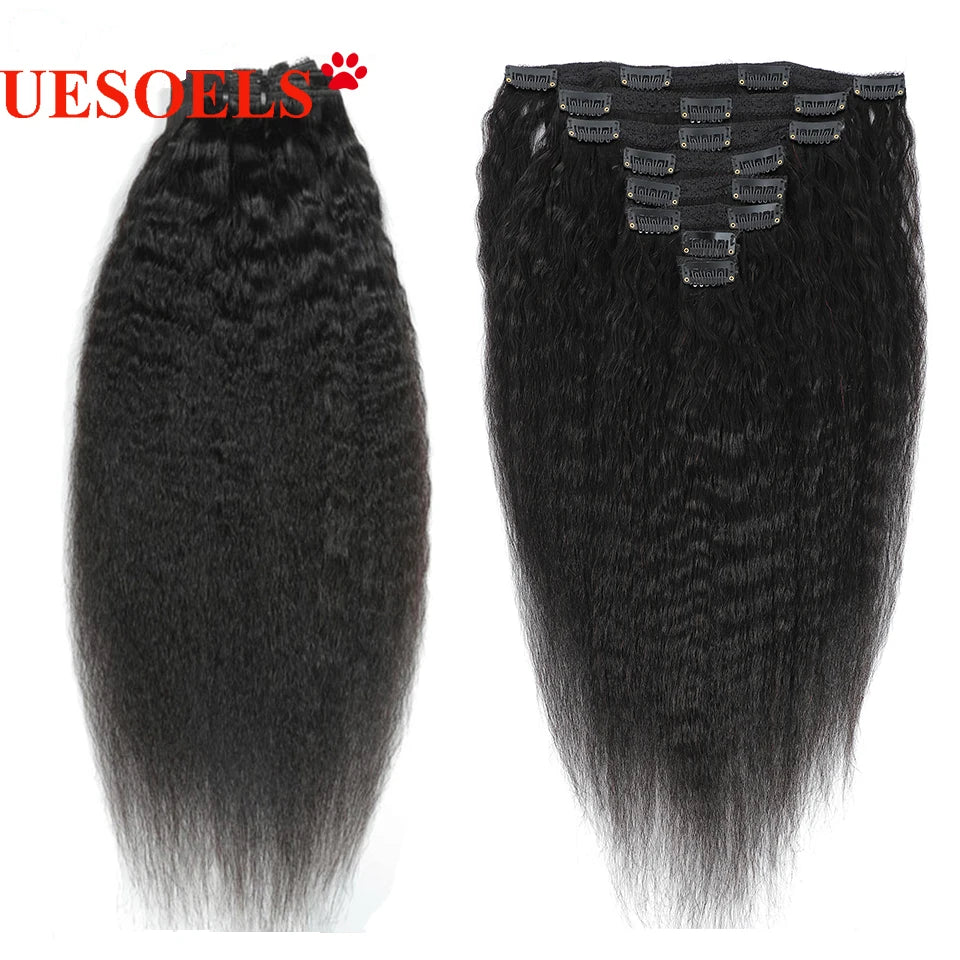 Kinky Straight Clips In Human Hair Extensions Natural Color In Brazilian 100% Remy 8pcs
