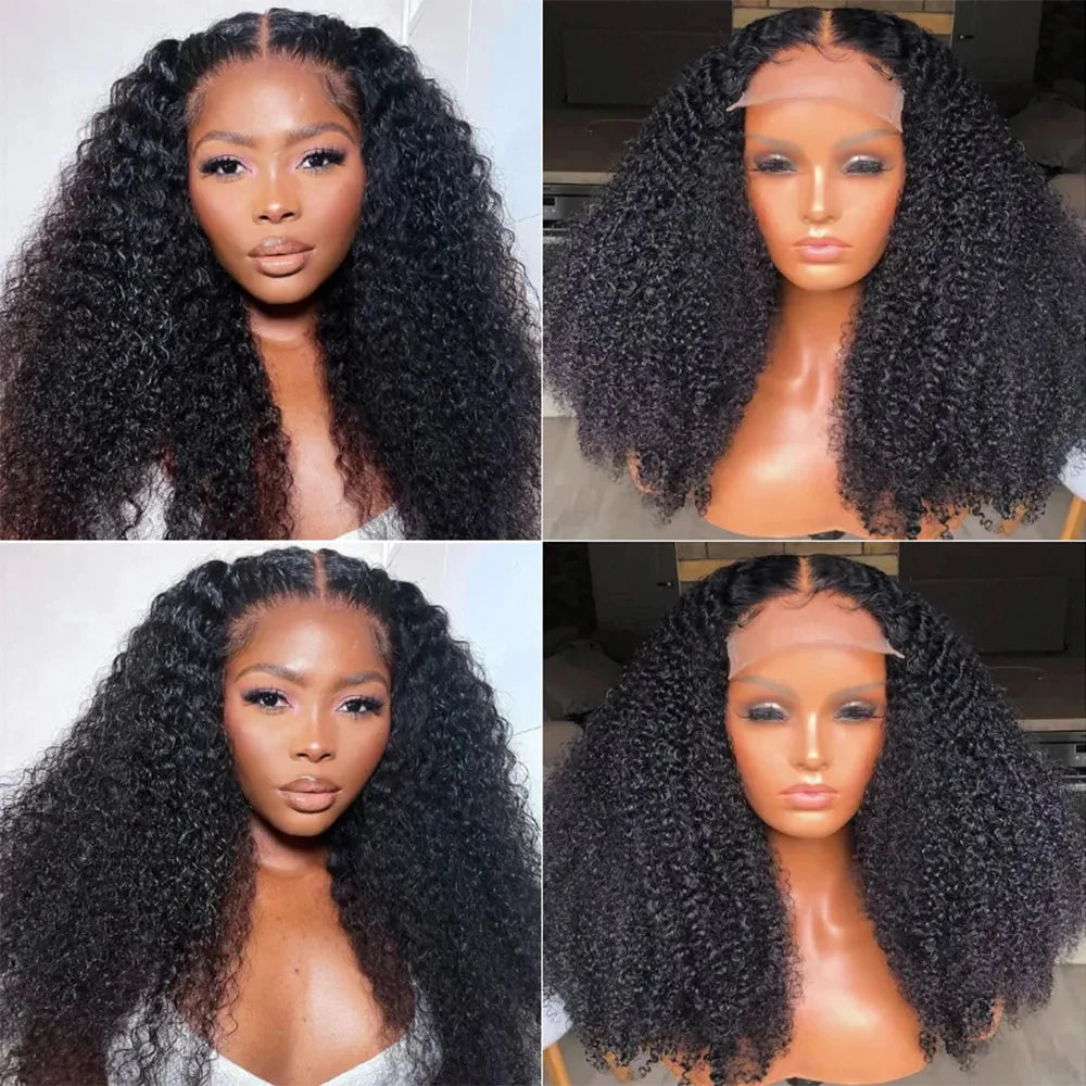 300% Density Kinky Curly Human Hair Wig Raw Indian Hair  Transparent Lace Frontal Wig