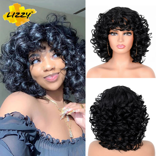 Short Synthetic Hair Afro Curly Wig With Bangs