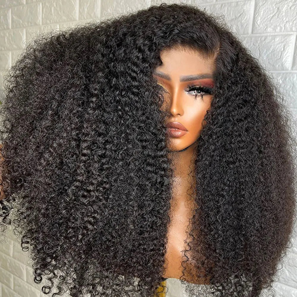300% Density Kinky Curly Human Hair Wig Raw Indian Hair  Transparent Lace Frontal Wig