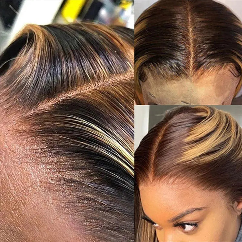 Highlight Brown Straight Lace Front Wig Human Hair Pre Plucked Honey Blonde Colored