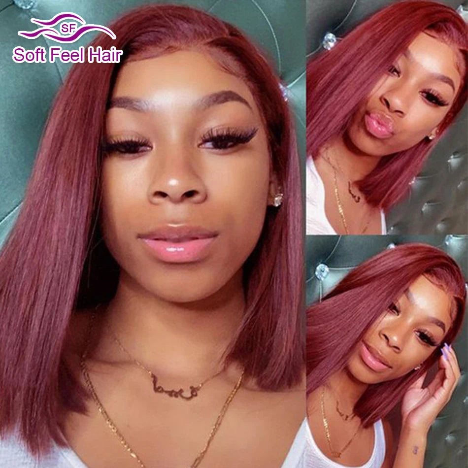 99J Burgundy Short Bob Wig Glueless Human Hair Pre Cut HD Lace Closure