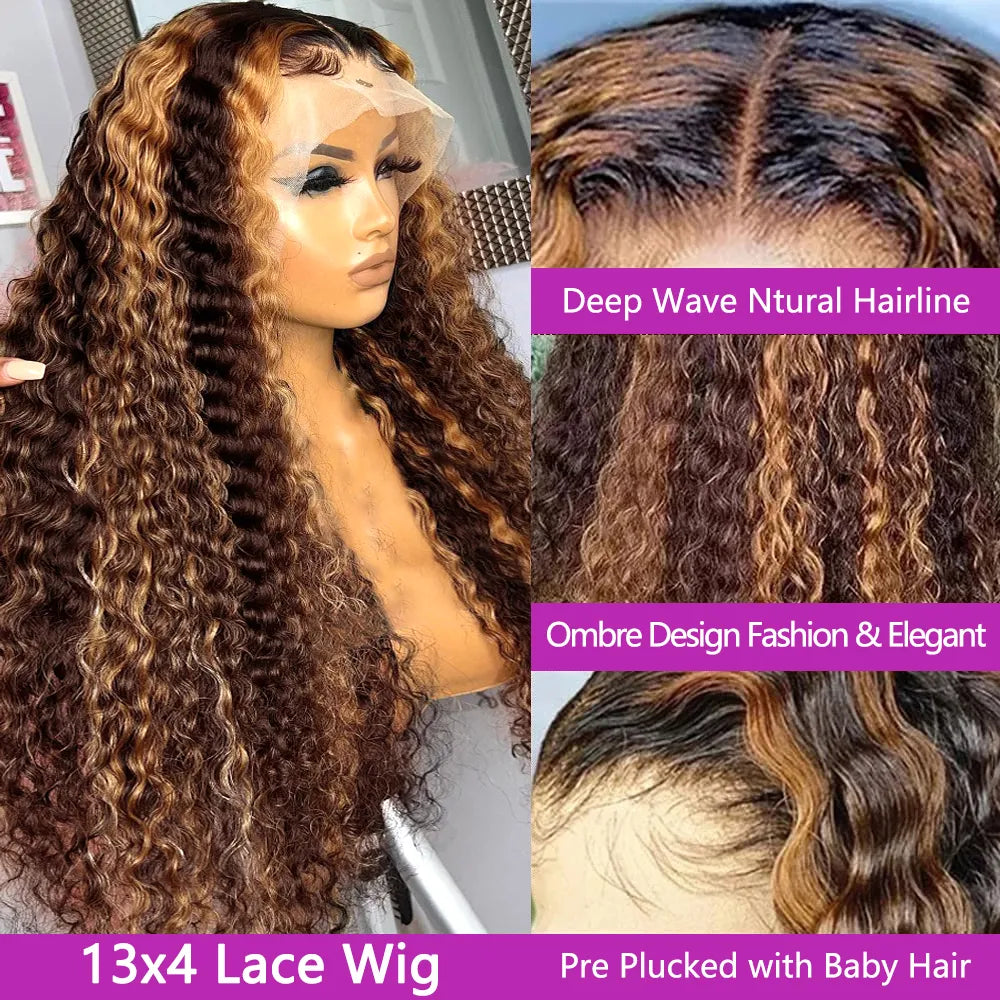HD Lace Highlight Wig Human Hair Curly Colored Honey Blonde 360 Frontal Water Wave