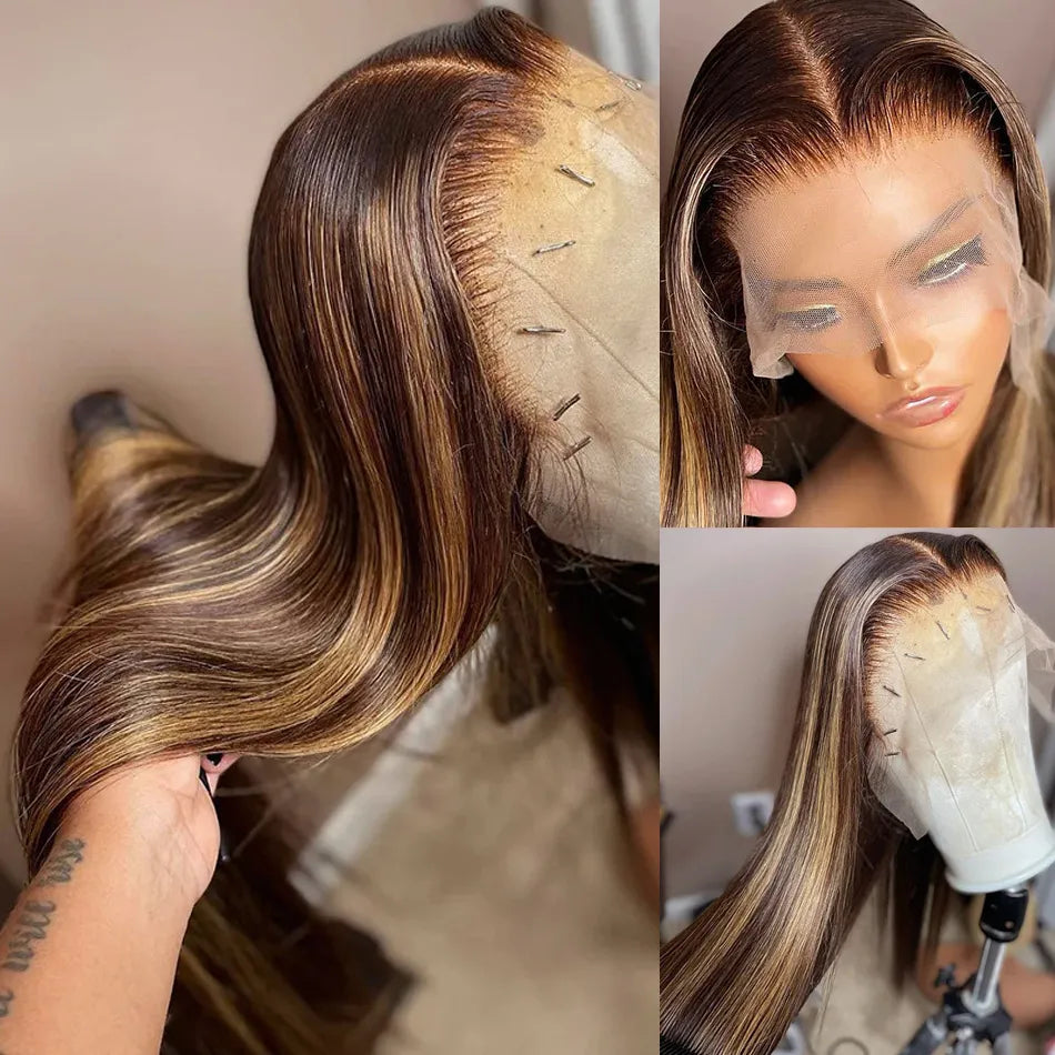 Bone Straight Highlight Lace Front Human Hair 4/27 Ombre Honey Blonde Colored Wig