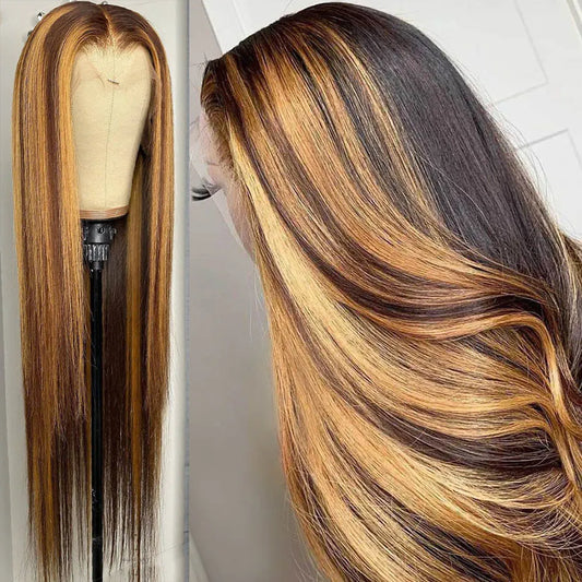 Bone Straight Highlight Lace Front Human Hair 4/27 Ombre Honey Blonde Colored Wig