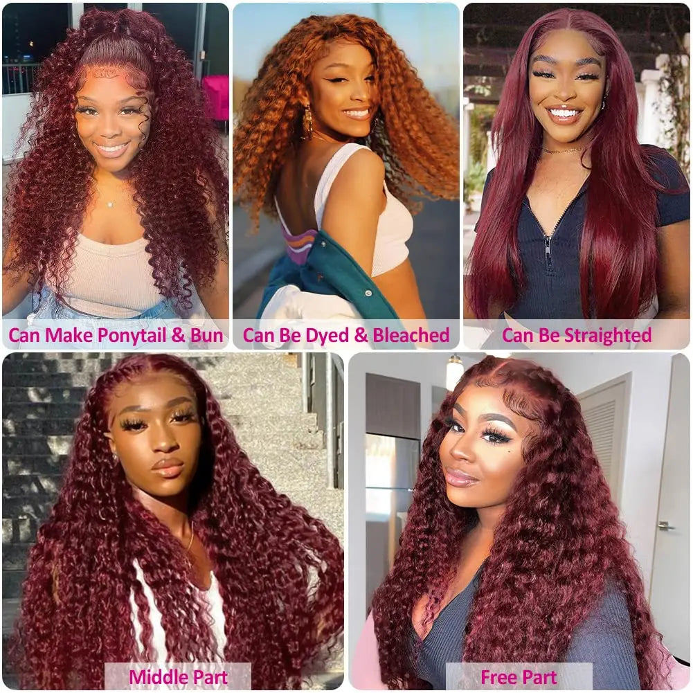 Deep Wave Burgundy Red Wig Colored Lace Front Human Hair Wig Curly
