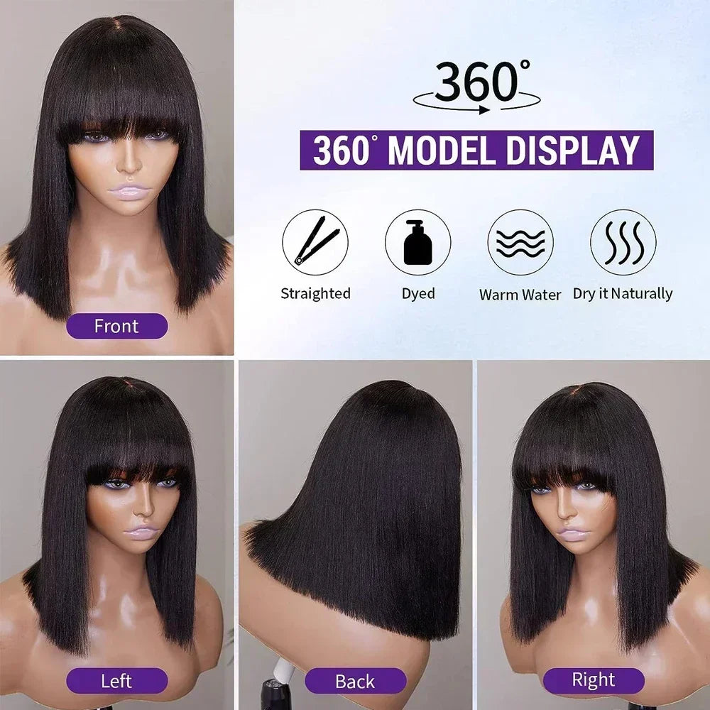 Straight Human Hair Bob Wig With Bangs Glueless Wigs Brazilian Human Virgin Hair Wigs 180 Density
