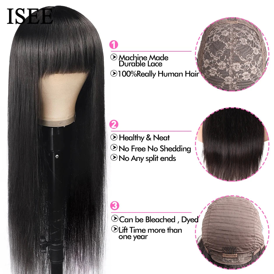 Malaysian Human Hair Straight Wig Bang Natural Color Glueless