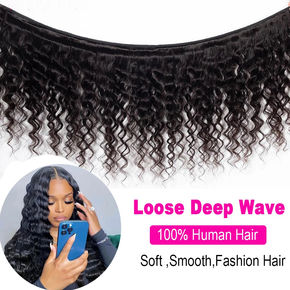 Detailed view of the loose deep wave texture, showing soft, natural curls and high-quality virgin Peruvian human hair.