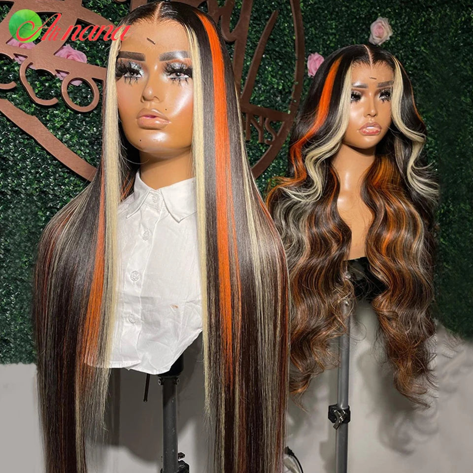Highlights Orange Blonde Colored Straight|Body Wave Human Hair PrePlucked HD Lace Front Wig