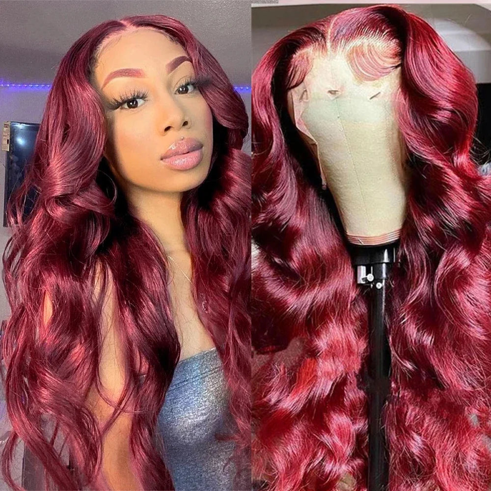 99J Burgundy HD Lace Front Wig Body Wave Red Colored Human Hair Wig