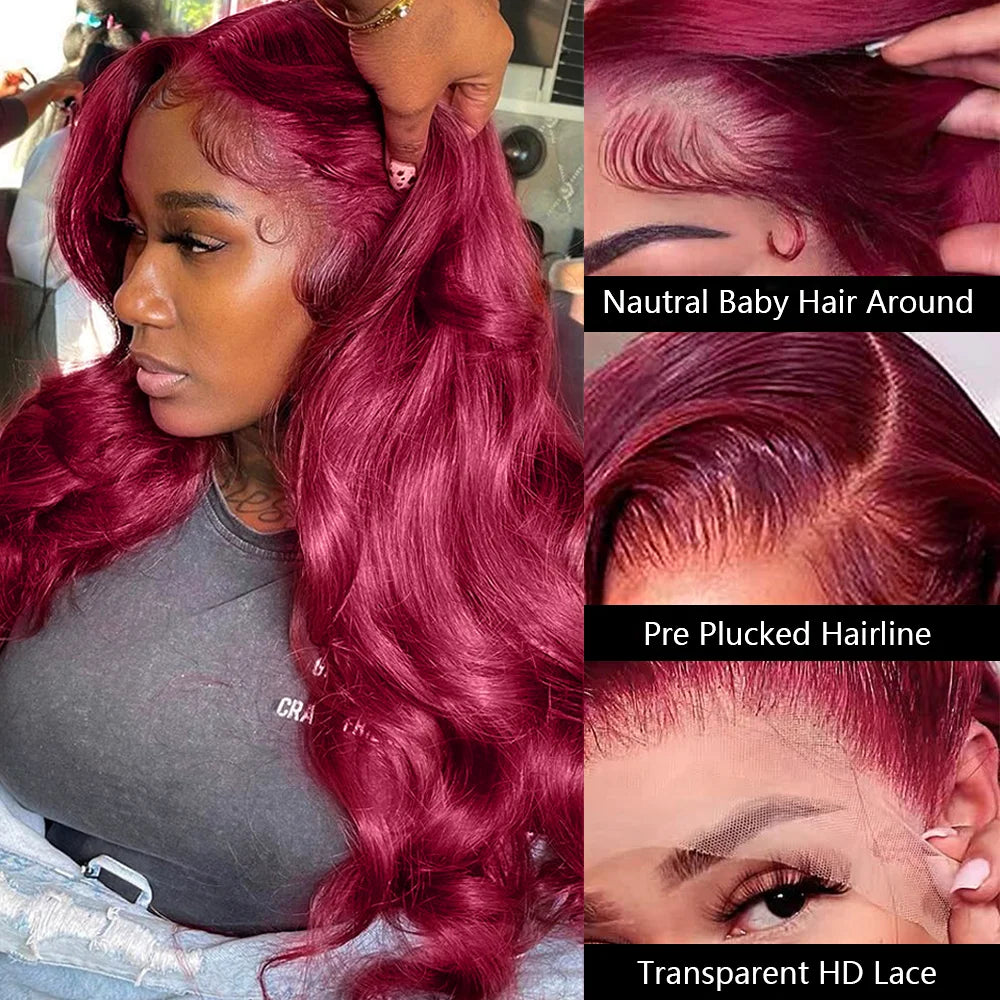 99J Burgundy HD Lace Front Wig Body Wave Red Colored Human Hair Wig