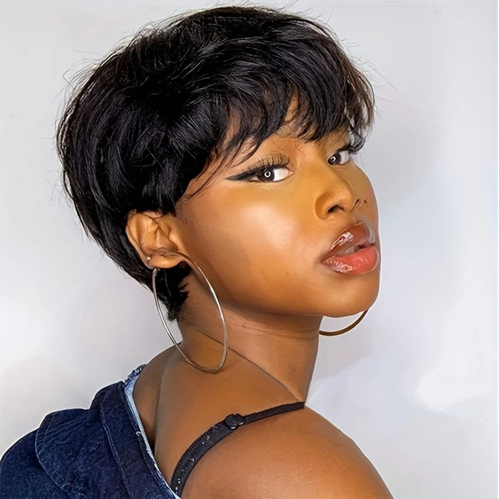Glueless 100% Human Hair Pixie Cut Bangs Straight Remy Hair
