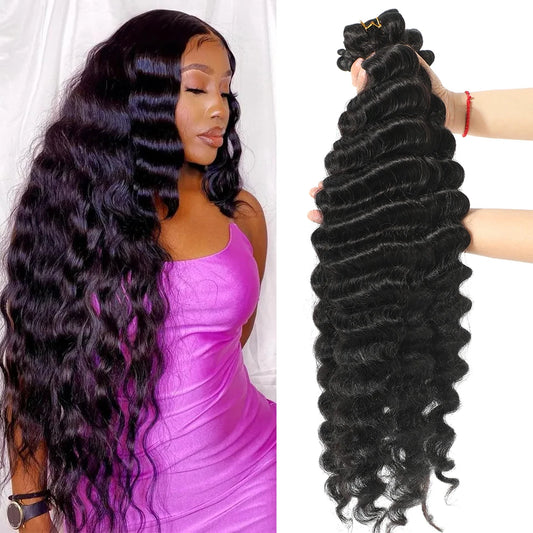 Model wearing loose deep wave Peruvian human hair bundles, styled with soft, bouncy curls for a natural look.