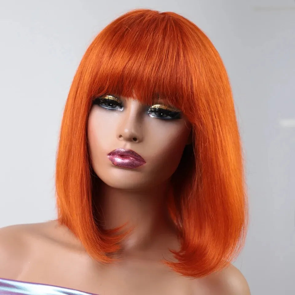 180 Density Glueless Orange Ginger Bob Wig With Bangs Human Hair