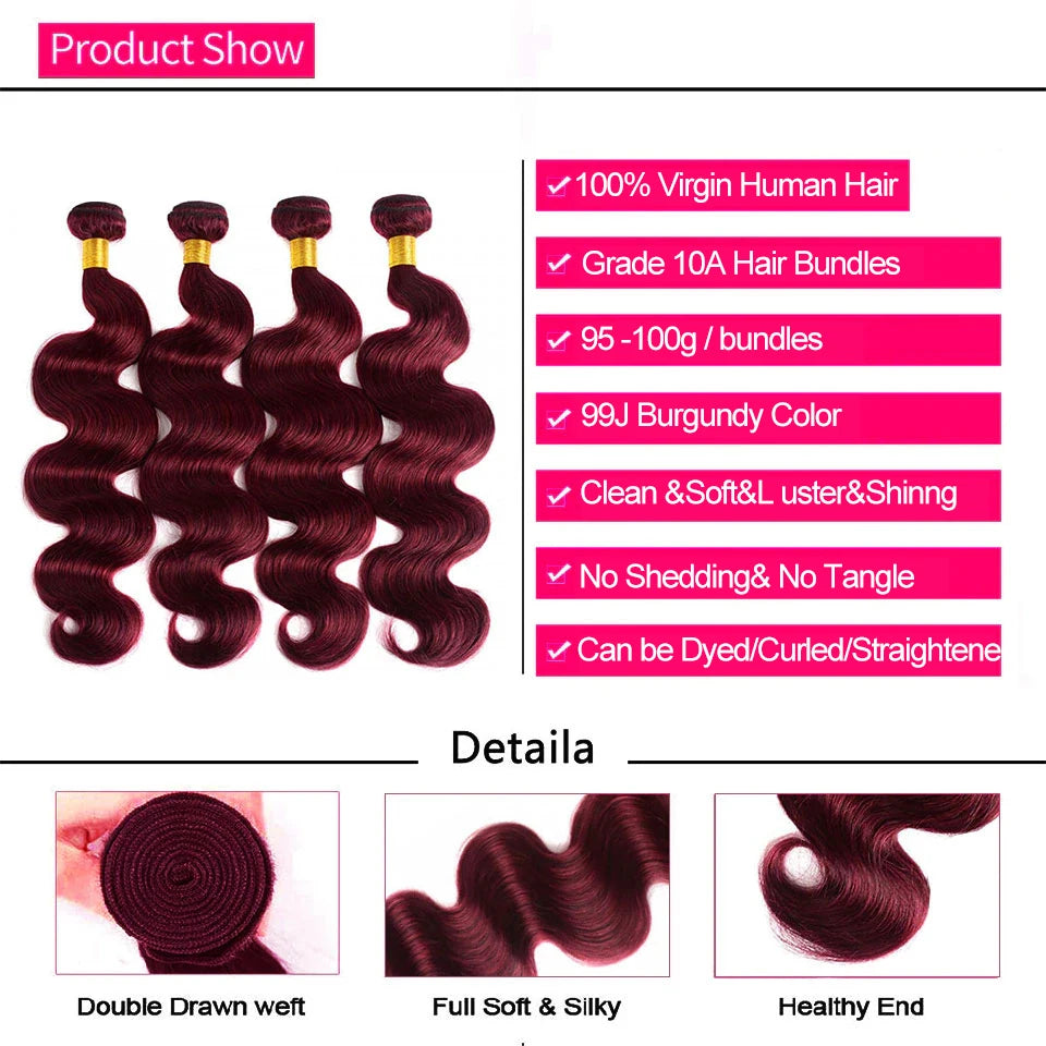 Burgundy 99j Body Wave Bundles Brazilian Red Color Human Hair Bundles 1/3/4 PCS Remy
