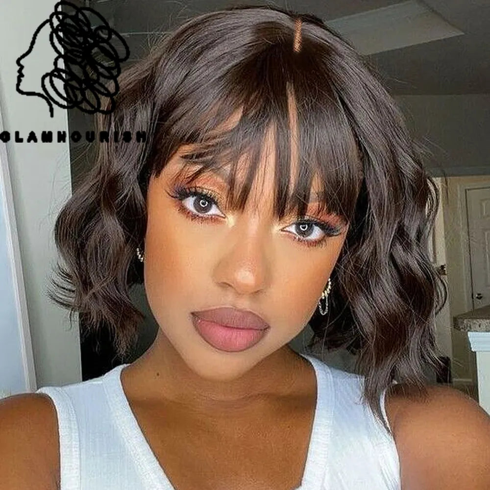 Body Wave Brazilian Human Hair Glueless Bangs Wig